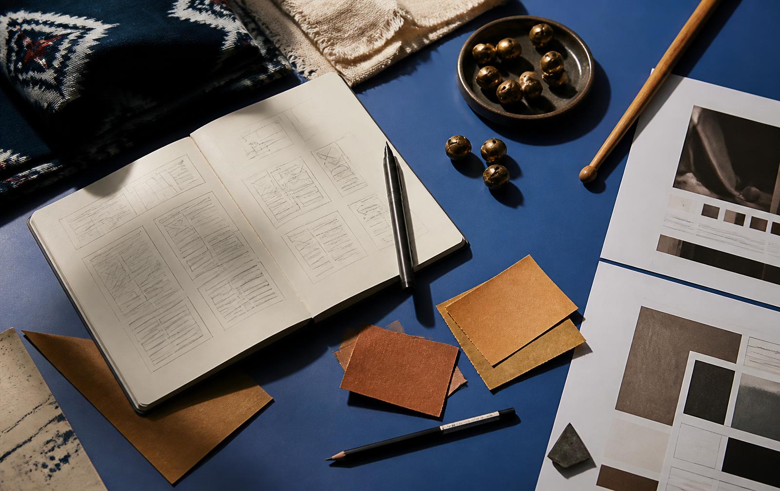 LaunchPilot worktable with sketches, materials and instruments