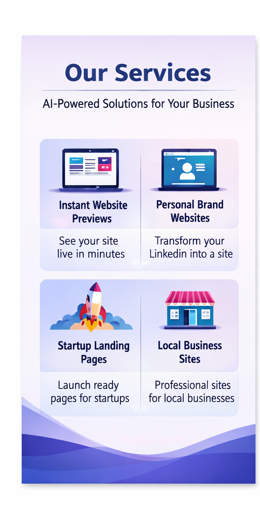 LaunchPilot services panel showing business websites, personal brand sites, and startup launch directions.